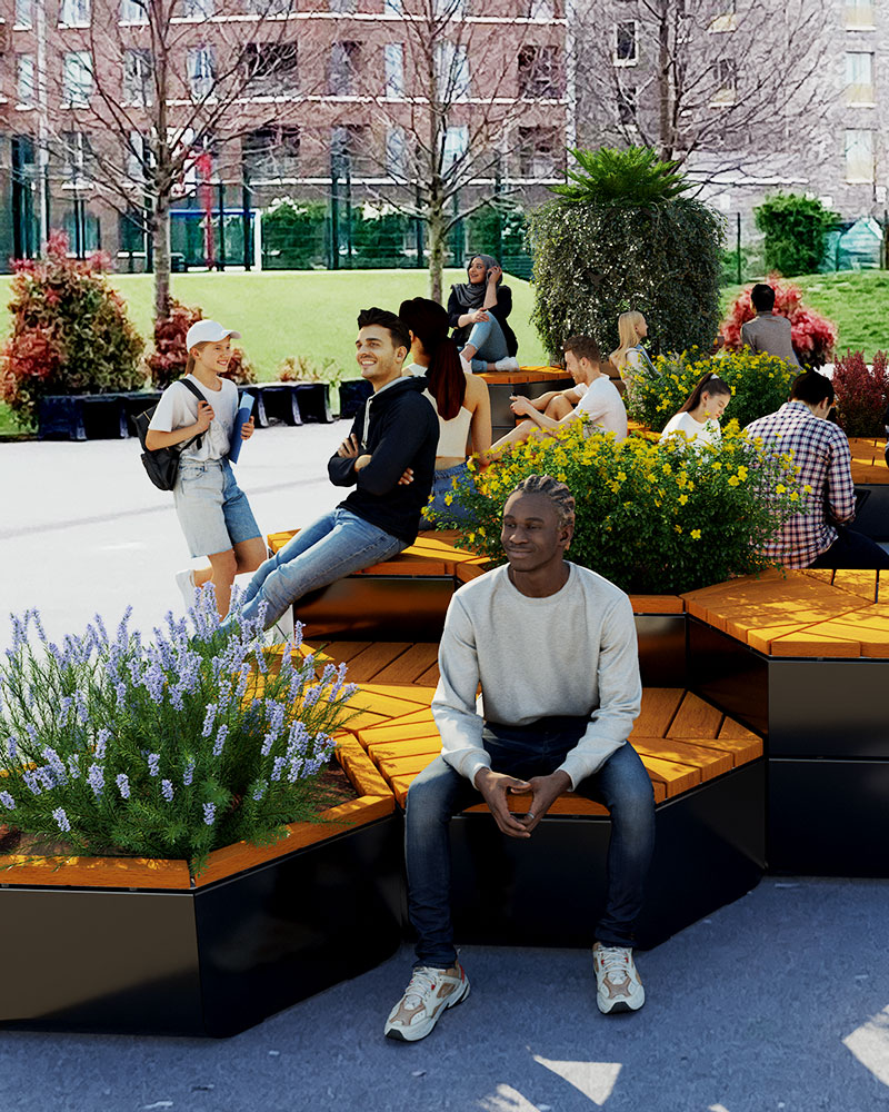 Render Bild eines benutzerdefinierten casual seating Rosenlund mit schwarzer Farbe und Hartholz Sitzgelegenheiten. Rendered Menschen umgeben den Bereich, sitzen, Geselligkeit und vorbei.